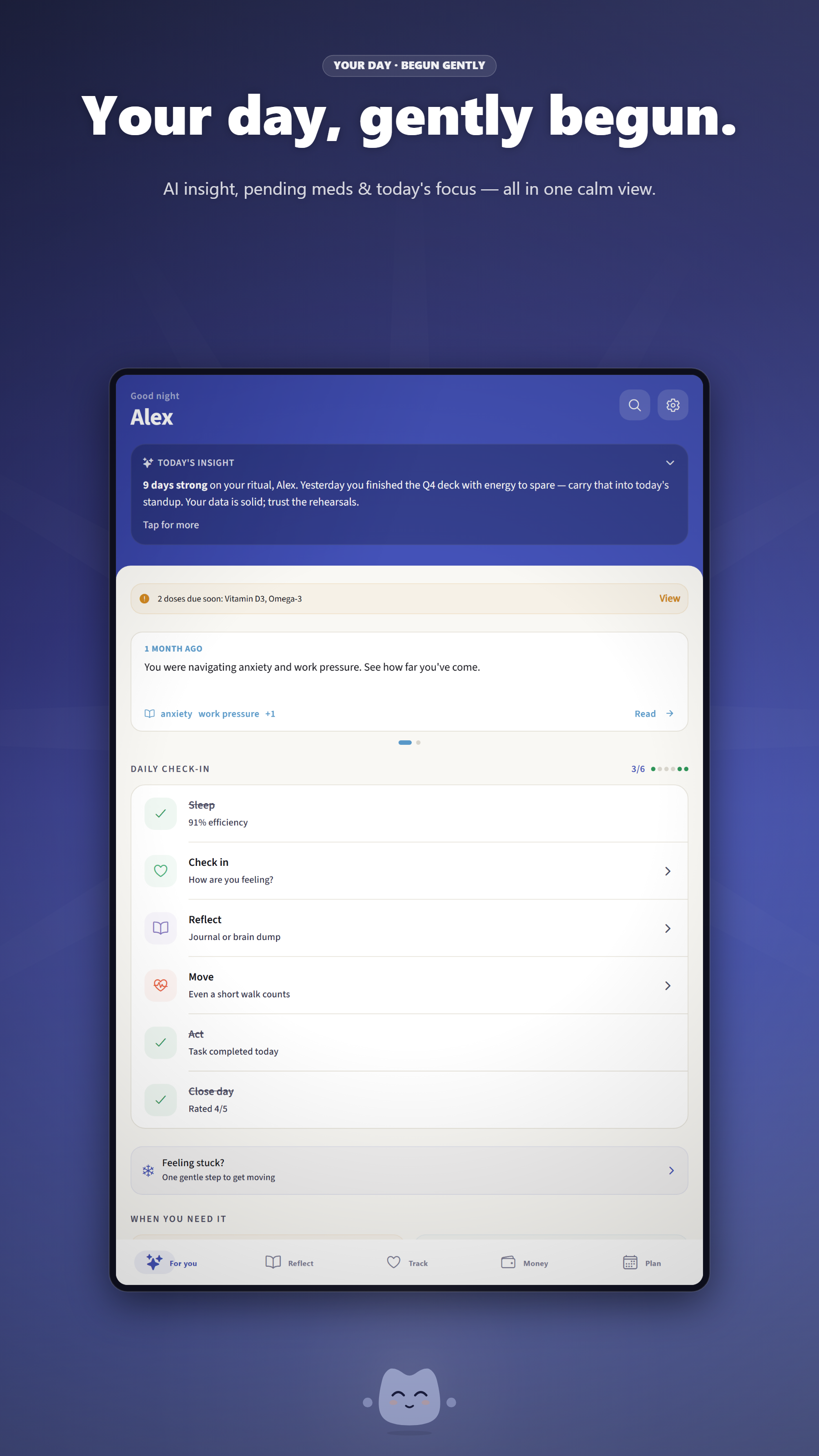 dayhelm For You home screen on tablet showing daily ritual steps, mood patterns, and personalized AI insights